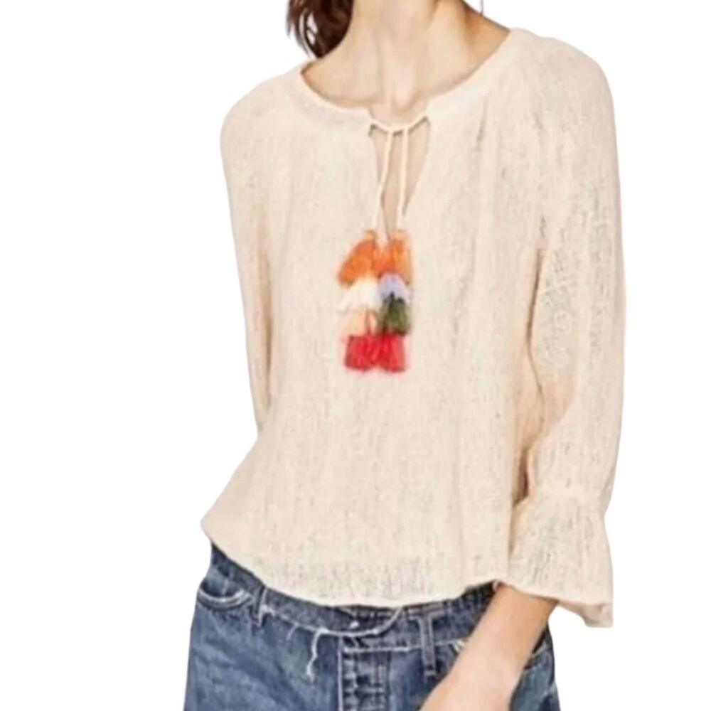 ZARA Sz S Peasant Top Layered Mesh Tassel Cream (TEAR)